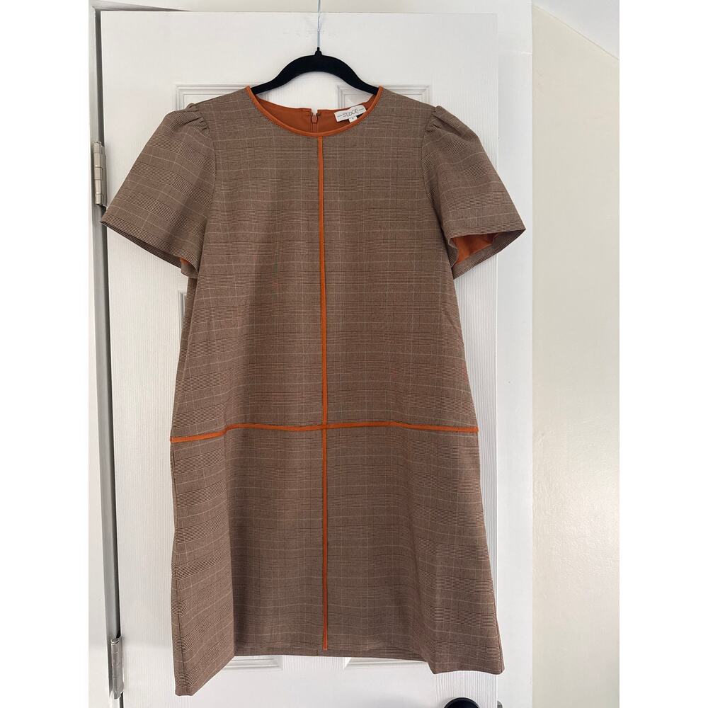 Sedge NWOT Plaid Shift Dress Size Small Puff Sleeve Mini Dress Brown Orange